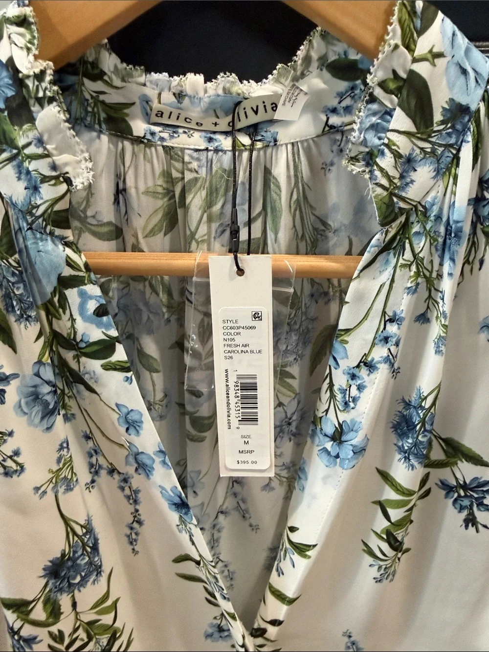 NWT Alice + Olivia Fresh Air Corona Blue Floral Pleated Long-Sleeve Blouse - Picture 2 of 6
